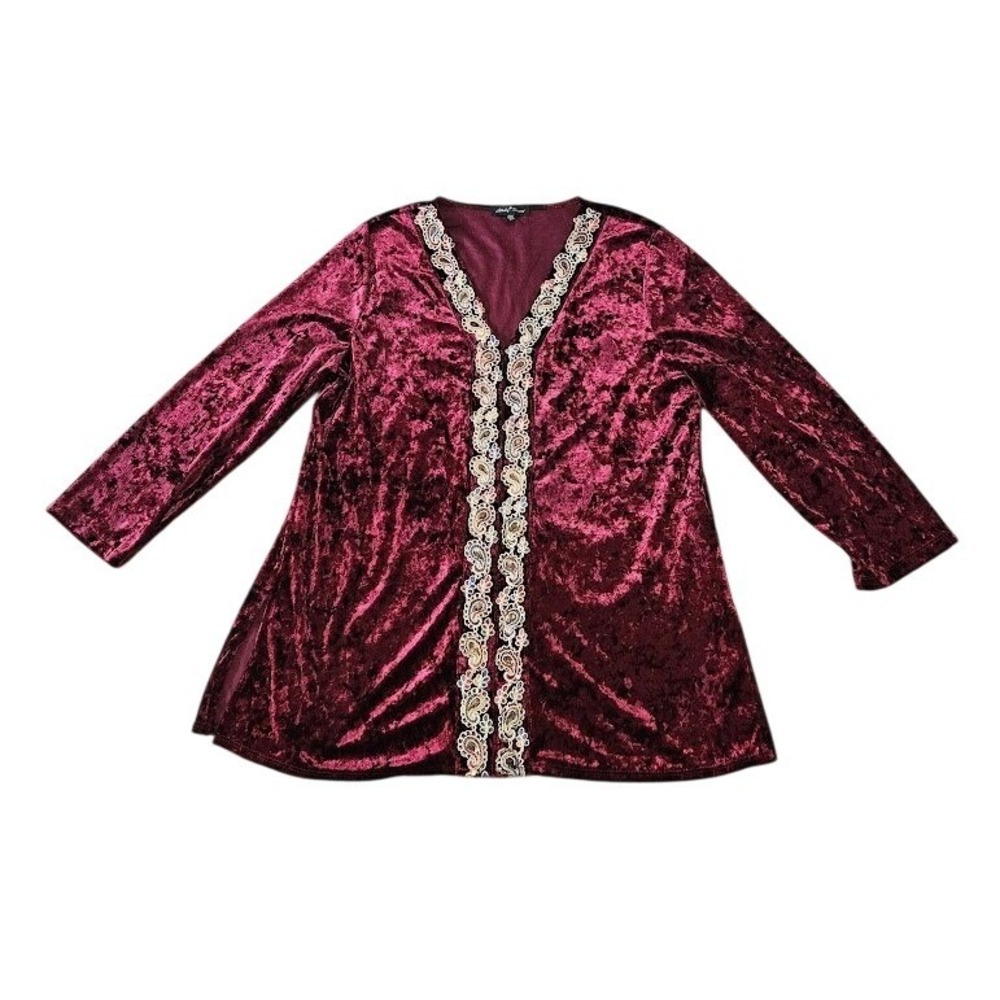 Slinky Brand Burgundy Crushed Velvet Paisley Embroidered Women Large Top Boho